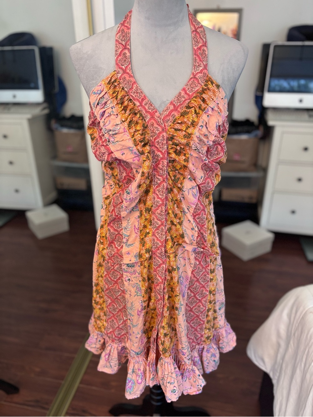 EURO One Step Brand: pink and orange paisley print halter MIDI dress